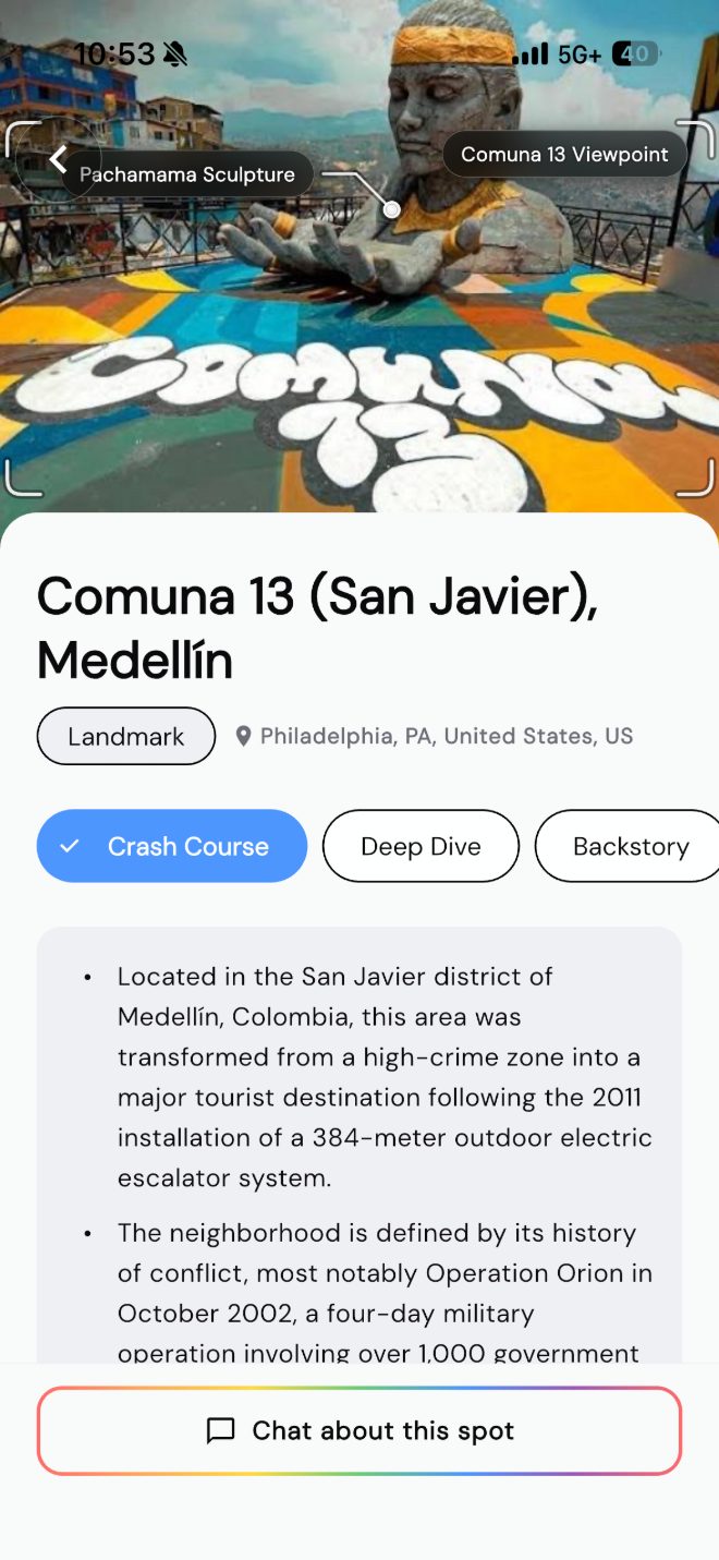 Spotter identifying Comuna 13 in Medellín